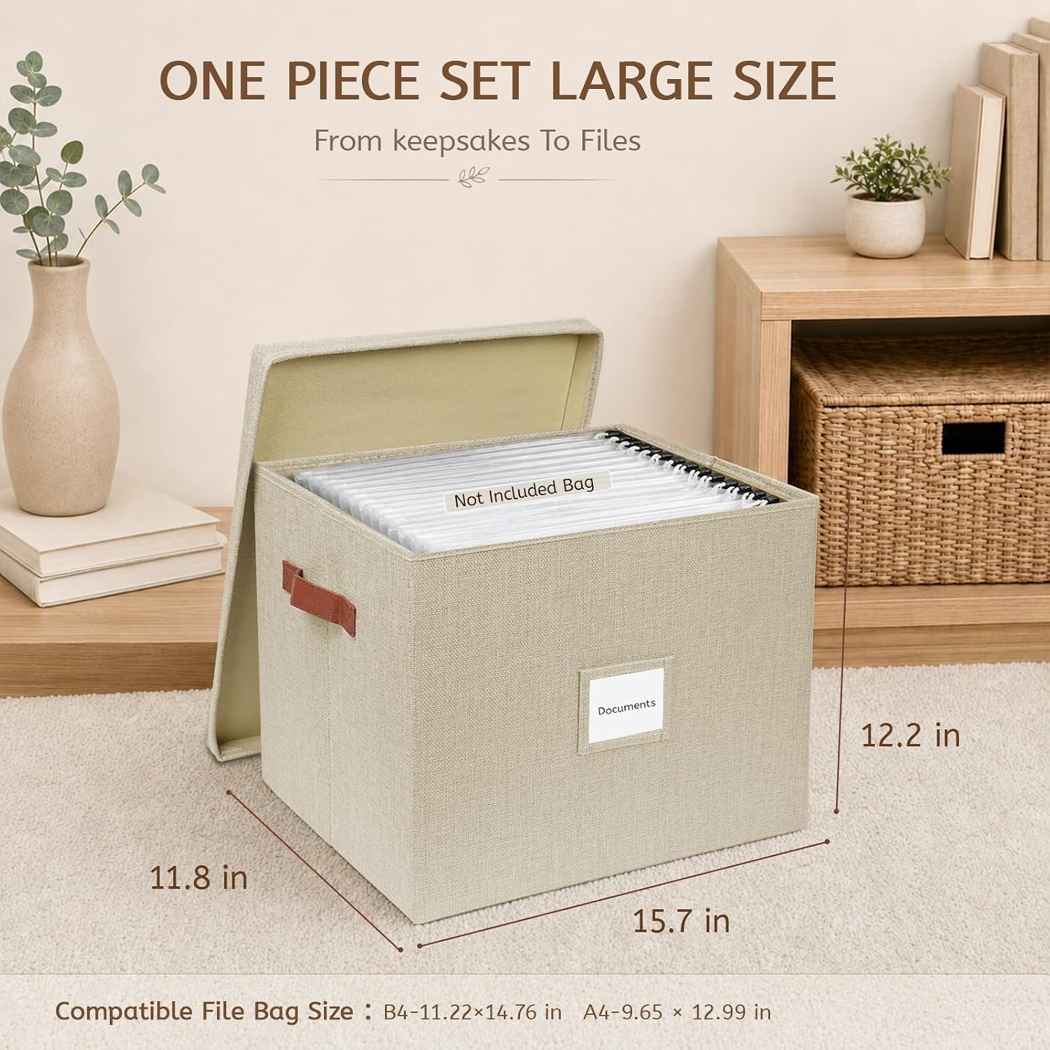 Collapsible File Storage Box with Lid - Beige | B4 Size, Sturdy Document Organizer, Foldable, for Home Office, Letter/A4 Files - Image 2