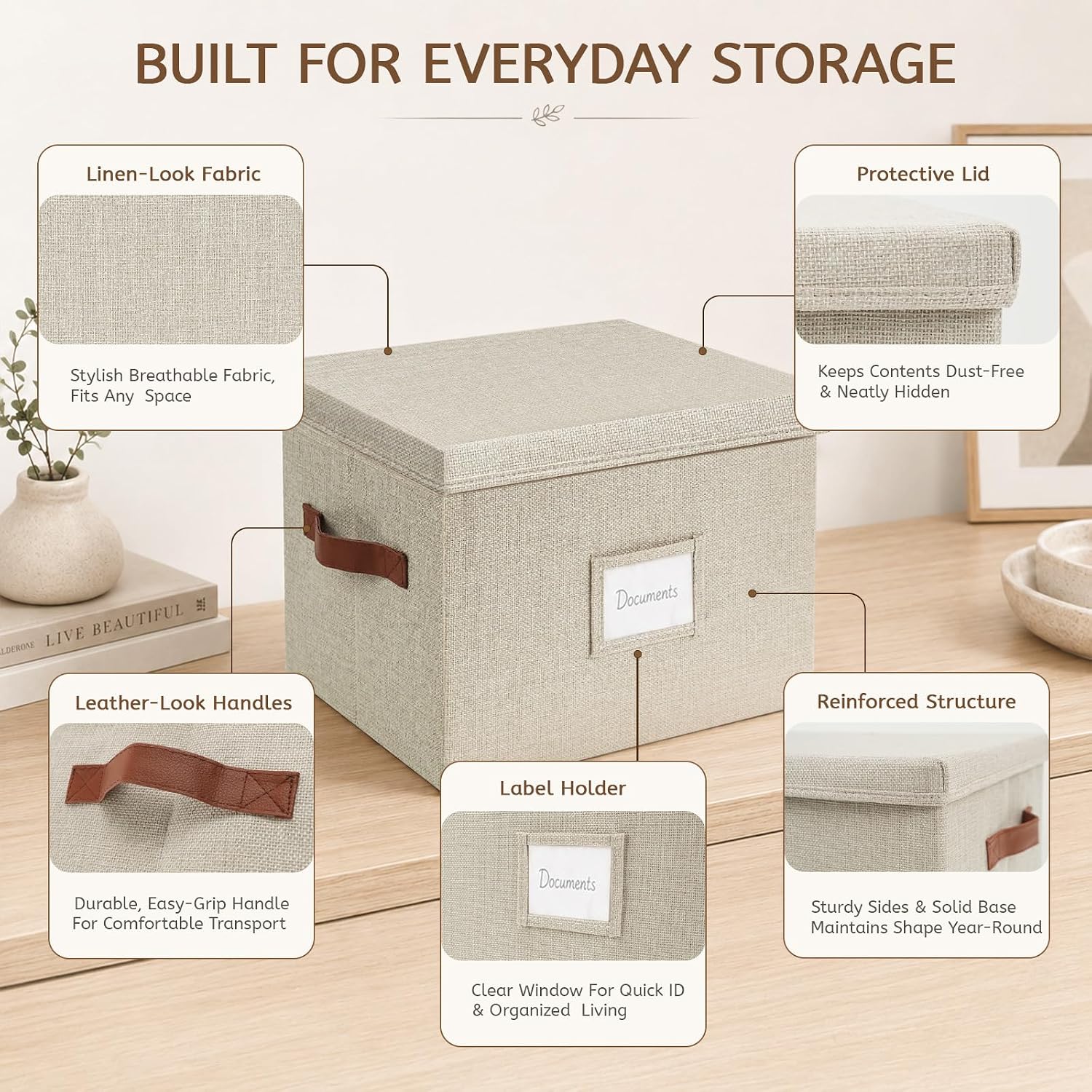 Collapsible File Storage Box with Lid - Beige | B4 Size, Sturdy Document Organizer, Foldable, for Home Office, Letter/A4 Files - Image 3