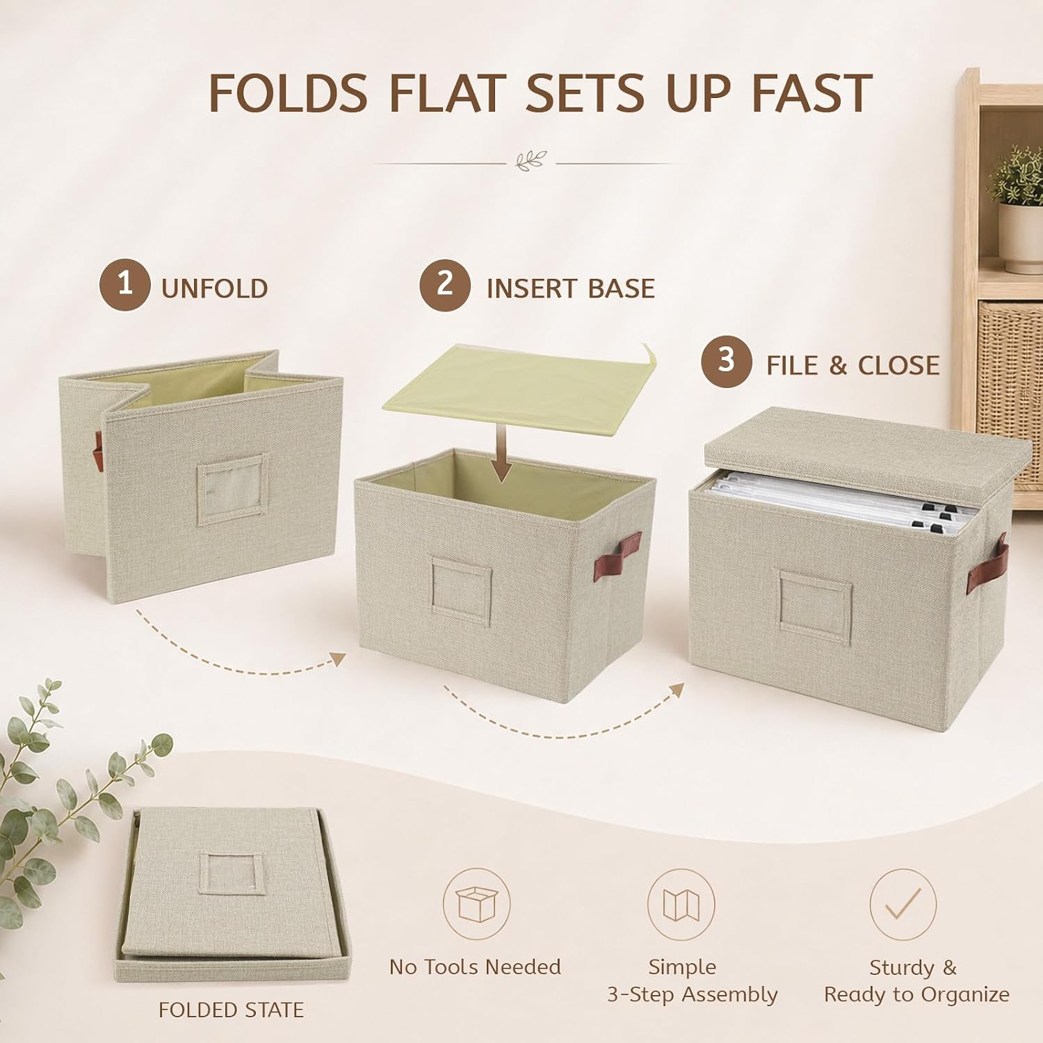 Collapsible File Storage Box with Lid - Beige | B4 Size, Sturdy Document Organizer, Foldable, for Home Office, Letter/A4 Files - Image 4