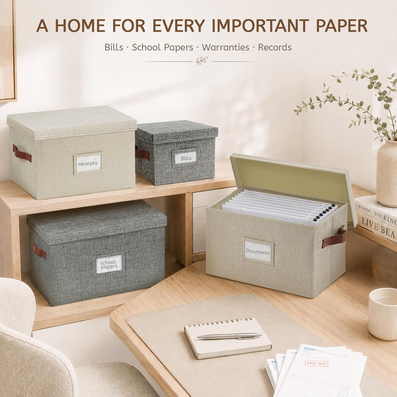 Collapsible File Storage Box with Lid - Beige | B4 Size, Sturdy Document Organizer, Foldable, for Home Office, Letter/A4 Files - Image 5