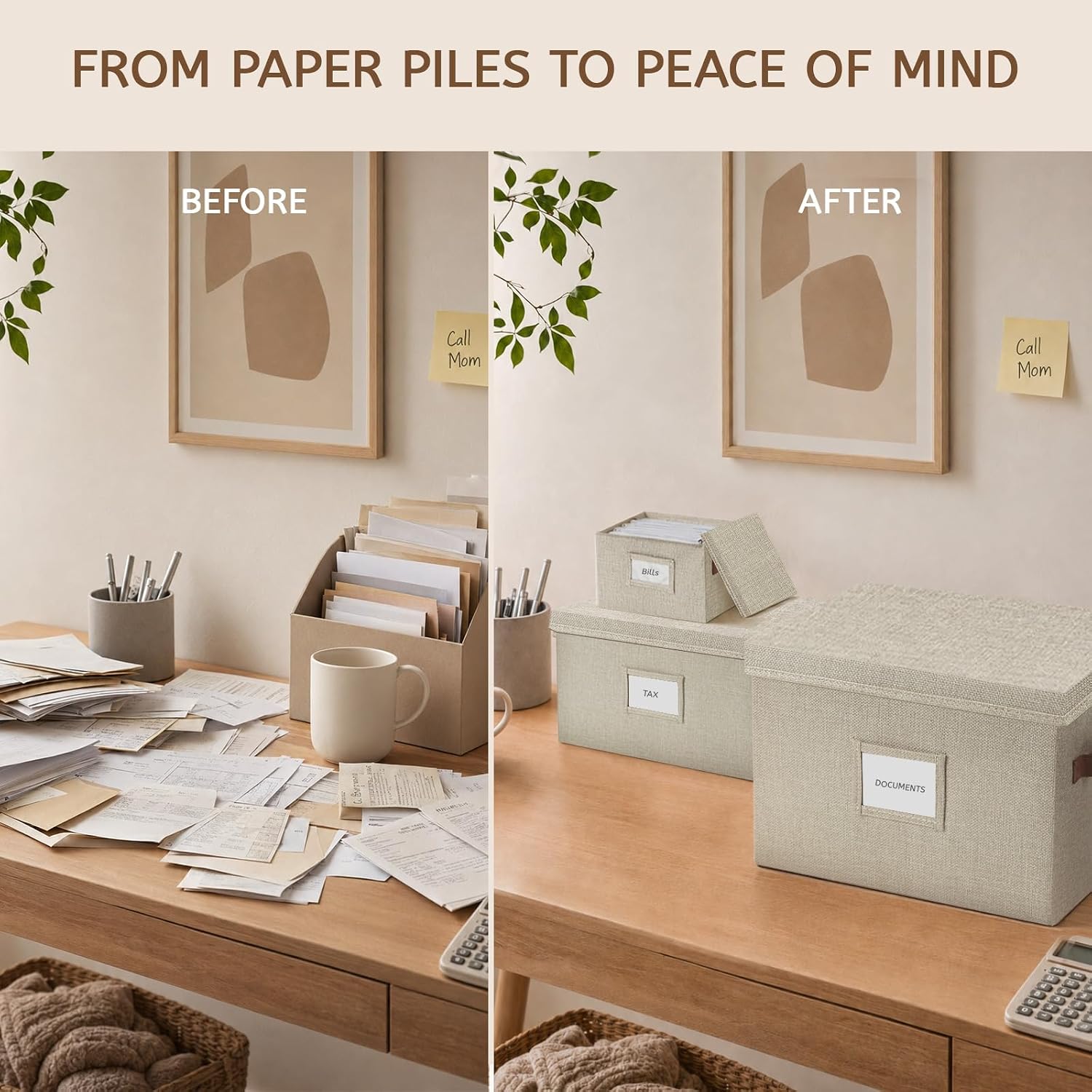Collapsible File Storage Box with Lid - Beige | B4 Size, Sturdy Document Organizer, Foldable, for Home Office, Letter/A4 Files - Image 7