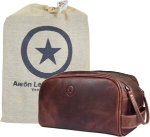 10" Premium Leather Toiletry Travel Pouch With Waterproof Lining | King-Size Handcrafted Vintage Dopp - Kit By Aaron Leather Goods (Dark Brown)
