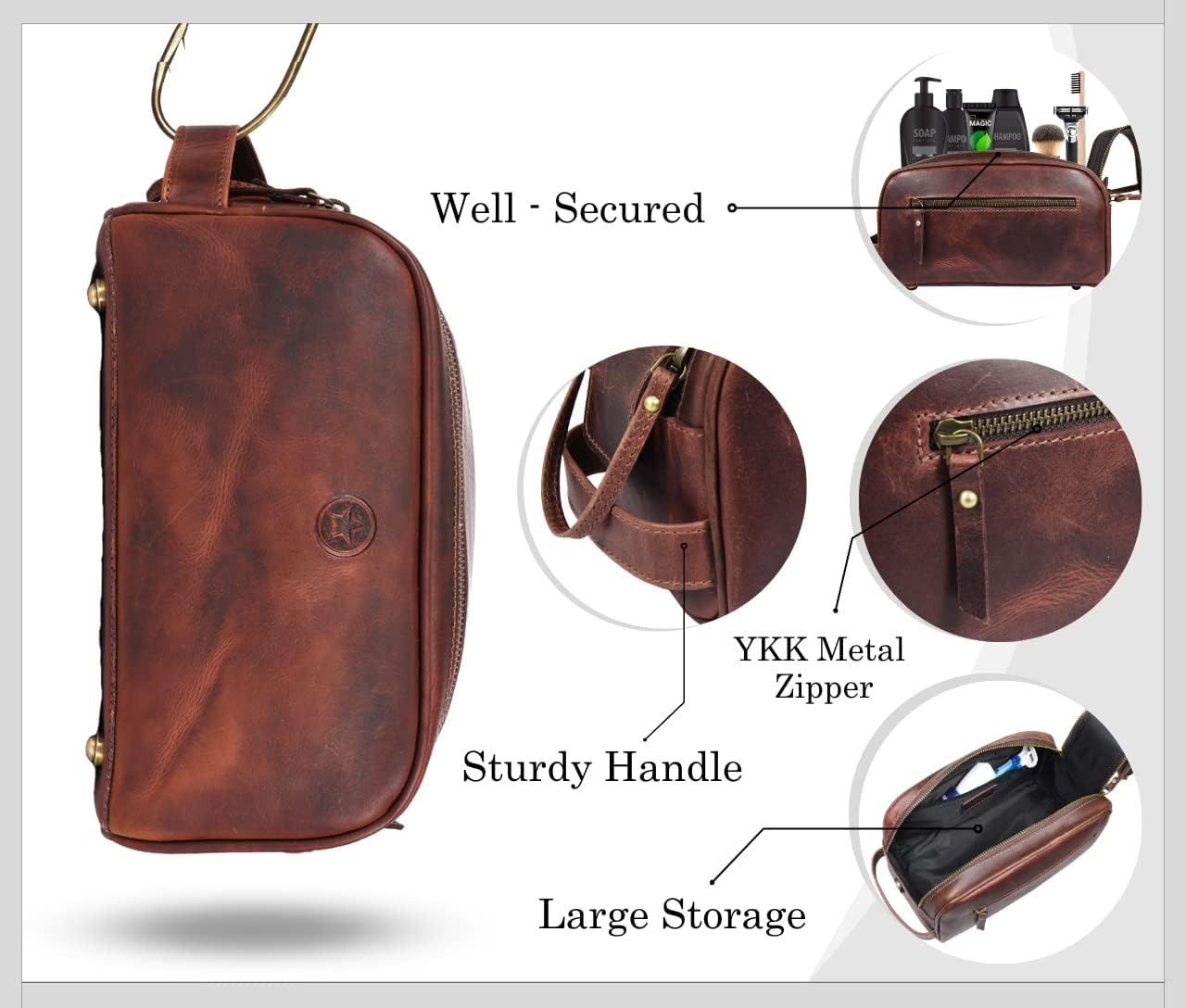 10" Premium Leather Toiletry Travel Pouch With Waterproof Lining | King-Size Handcrafted Vintage Dopp - Kit By Aaron Leather Goods (Dark Brown) - Image 2