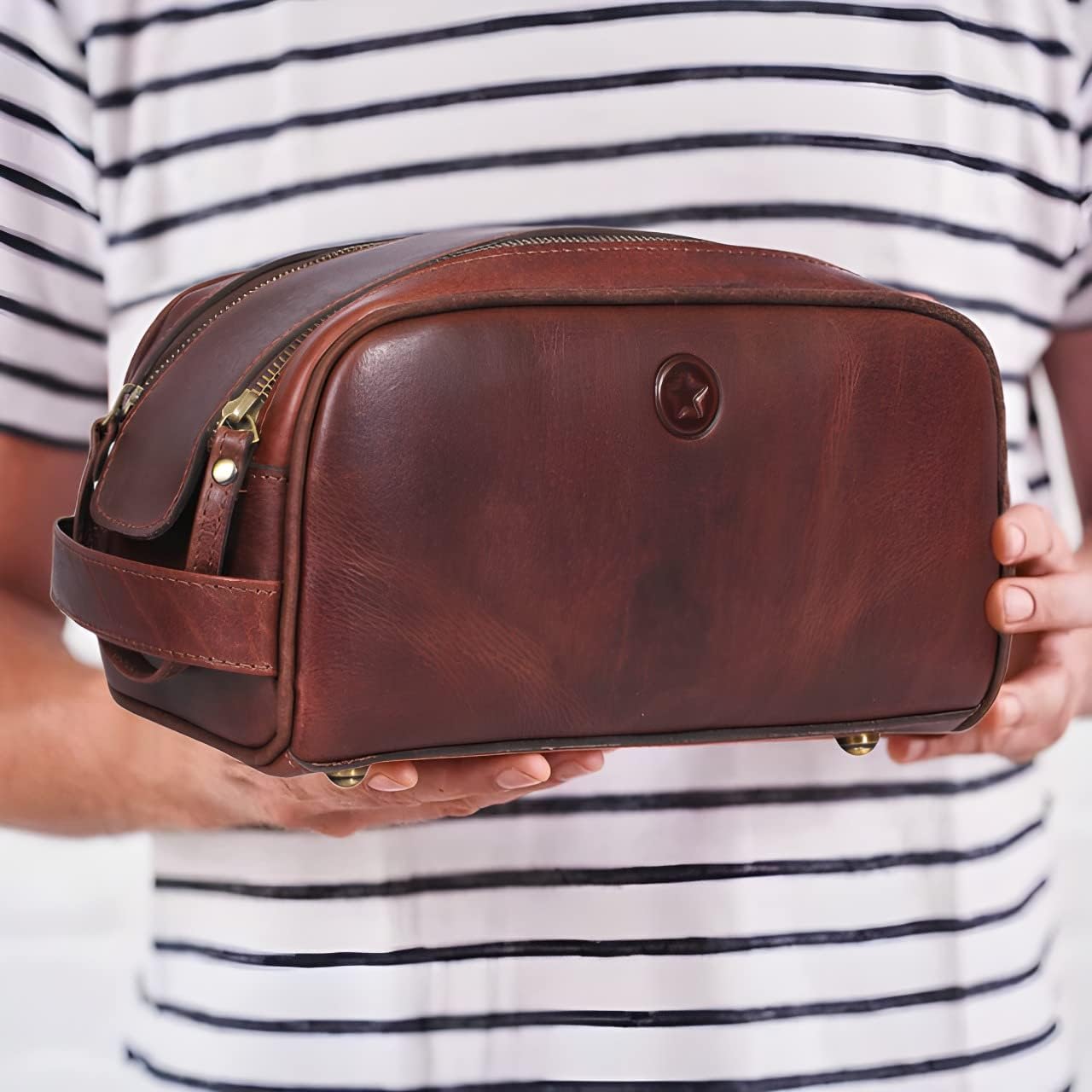10" Premium Leather Toiletry Travel Pouch With Waterproof Lining | King-Size Handcrafted Vintage Dopp - Kit By Aaron Leather Goods (Dark Brown) - Image 4