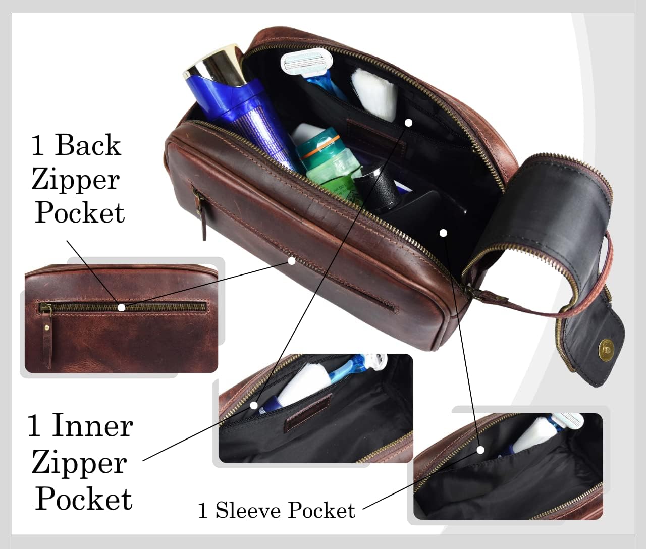10" Premium Leather Toiletry Travel Pouch With Waterproof Lining | King-Size Handcrafted Vintage Dopp - Kit By Aaron Leather Goods (Dark Brown) - Image 5