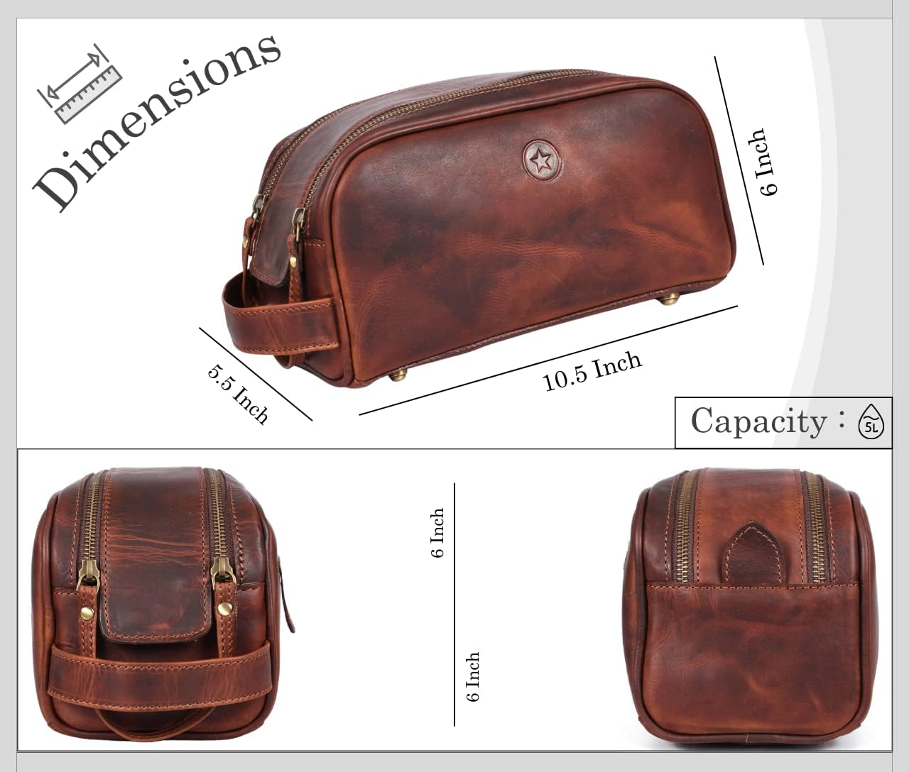 10" Premium Leather Toiletry Travel Pouch With Waterproof Lining | King-Size Handcrafted Vintage Dopp - Kit By Aaron Leather Goods (Dark Brown) - Image 6