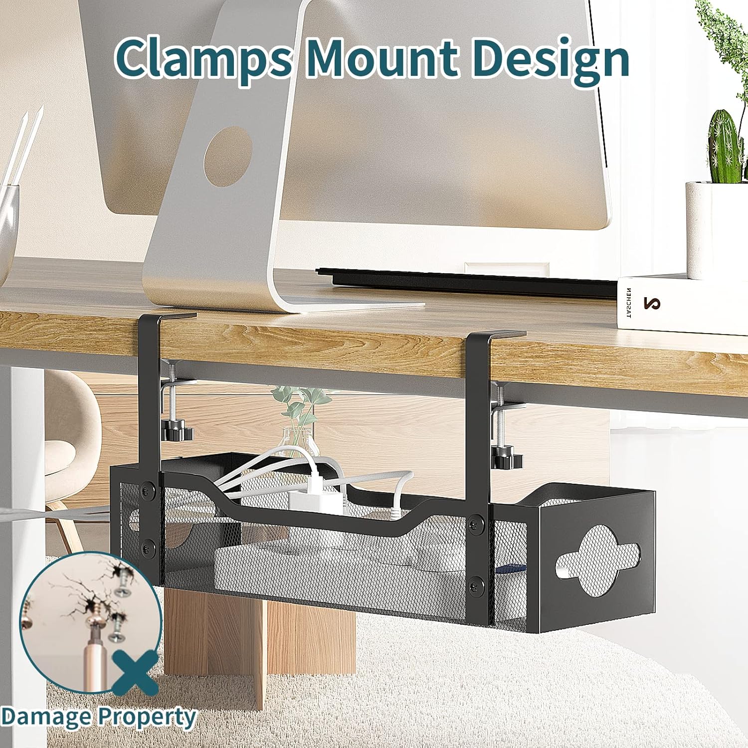 Under Desk Cable Management Tray No Drill, Metal Mesh Cable Management Under Desk with Clamp Mount, 2 Hole Cable Tray with Wire Management and Cord Organizer for Home Office Standing Desk - Image 2