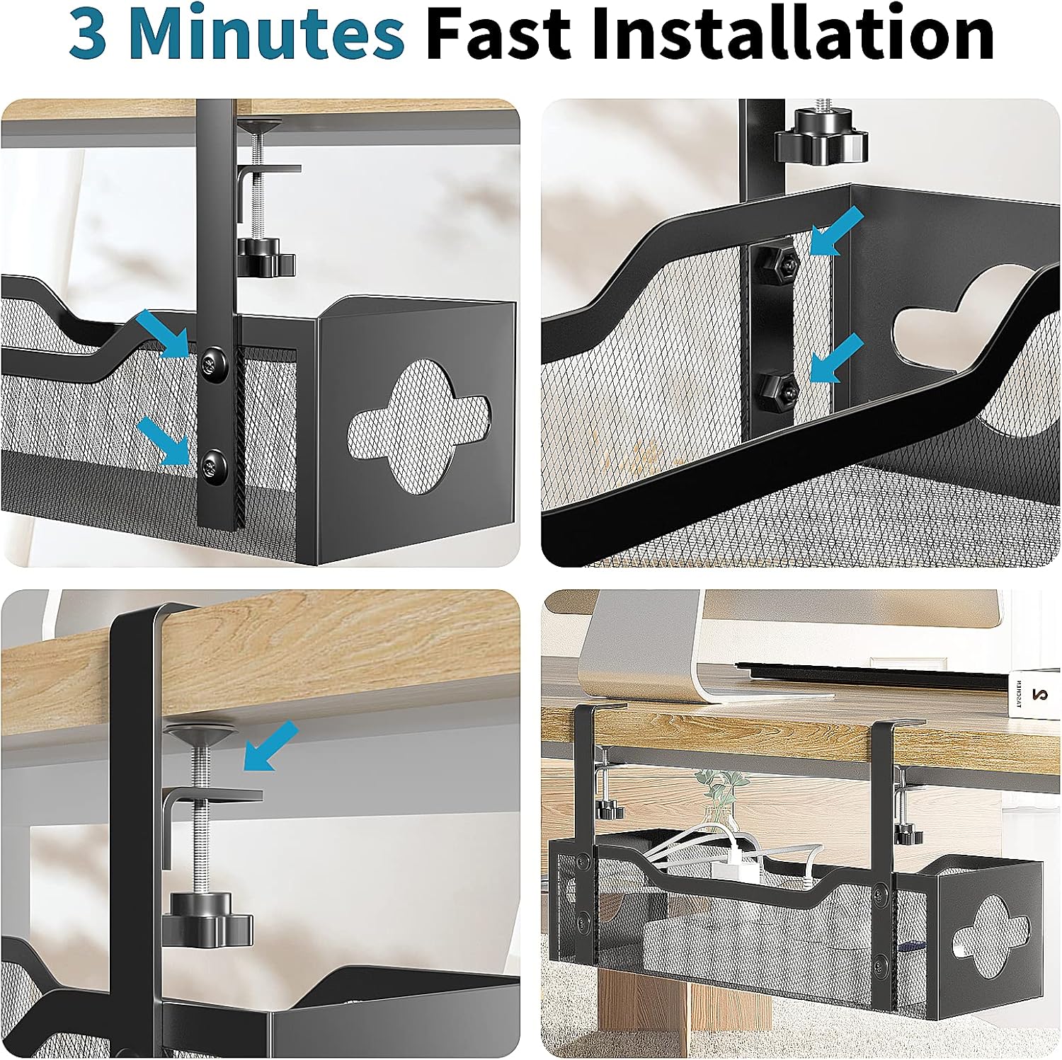 Under Desk Cable Management Tray No Drill, Metal Mesh Cable Management Under Desk with Clamp Mount, 2 Hole Cable Tray with Wire Management and Cord Organizer for Home Office Standing Desk - Image 6
