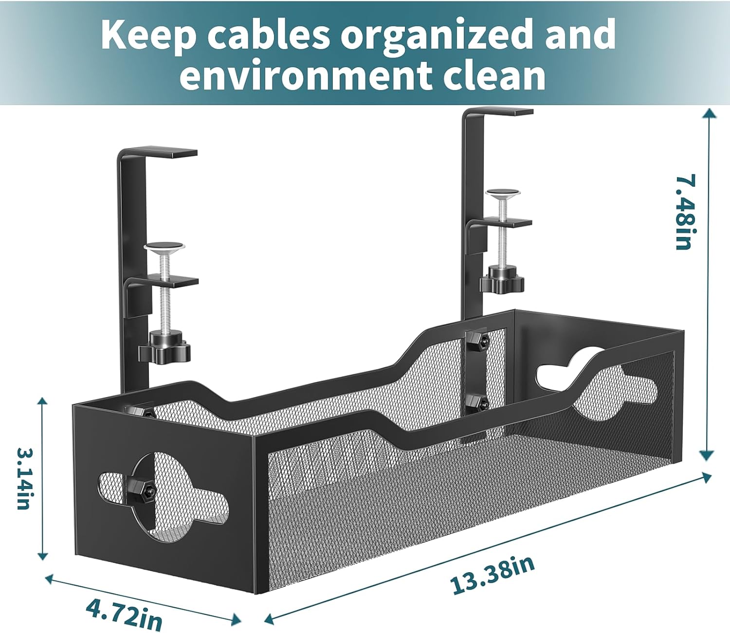 Under Desk Cable Management Tray No Drill, Metal Mesh Cable Management Under Desk with Clamp Mount, 2 Hole Cable Tray with Wire Management and Cord Organizer for Home Office Standing Desk - Image 7