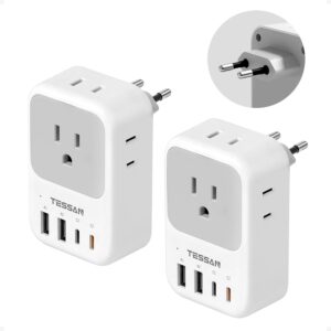 TESSAN European Travel Plug Adapter 2 Pack, PD 20W Adapter for Europe Plug | 4 AC Outlets, 4 USB (2 USB C), Type C Adaptor, US to Europe, Italy, Spain, France, Portugal, Greece, Iceland, Germany