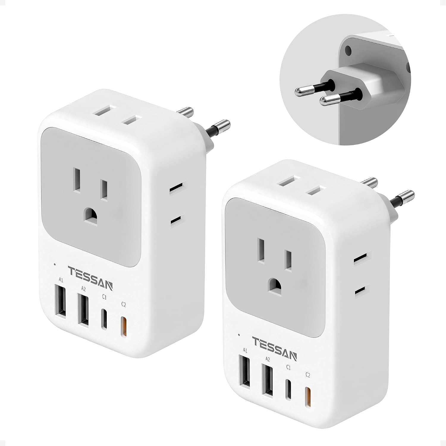 TESSAN European Travel Plug Adapter 2 Pack, PD 20W Adapter for Europe Plug | 4 AC Outlets, 4 USB (2 USB C), Type C Adaptor, US to Europe, Italy, Spain, France, Portugal, Greece, Iceland, Germany