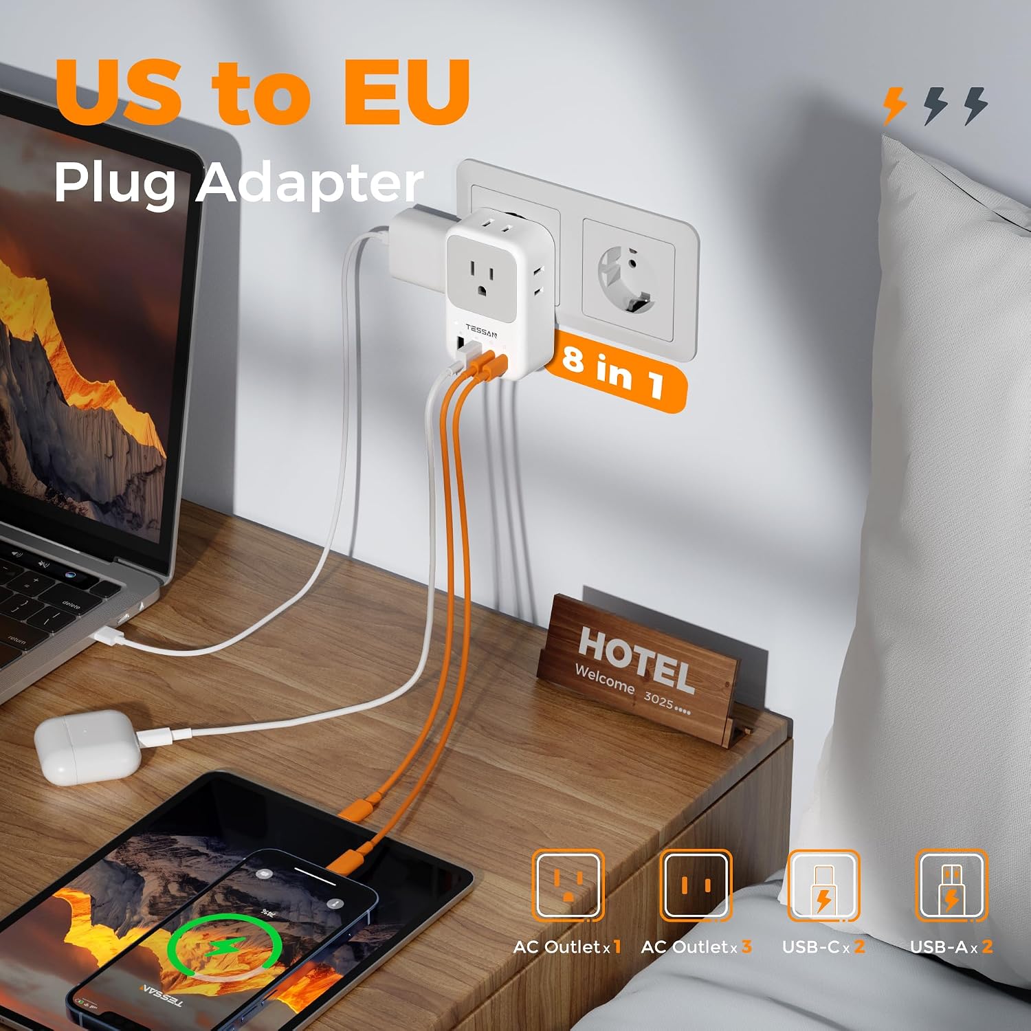 TESSAN European Travel Plug Adapter 2 Pack, PD 20W Adapter for Europe Plug | 4 AC Outlets, 4 USB (2 USB C), Type C Adaptor, US to Europe, Italy, Spain, France, Portugal, Greece, Iceland, Germany - Image 2