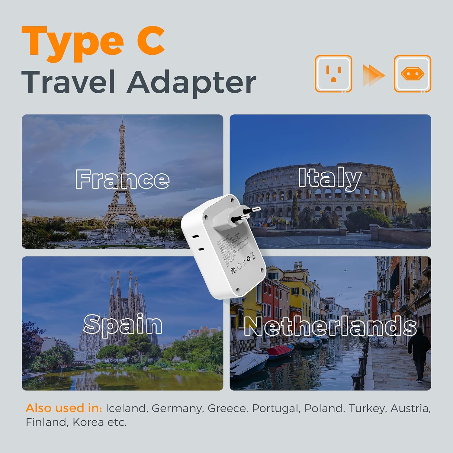 TESSAN European Travel Plug Adapter 2 Pack, PD 20W Adapter for Europe Plug | 4 AC Outlets, 4 USB (2 USB C), Type C Adaptor, US to Europe, Italy, Spain, France, Portugal, Greece, Iceland, Germany - Image 4