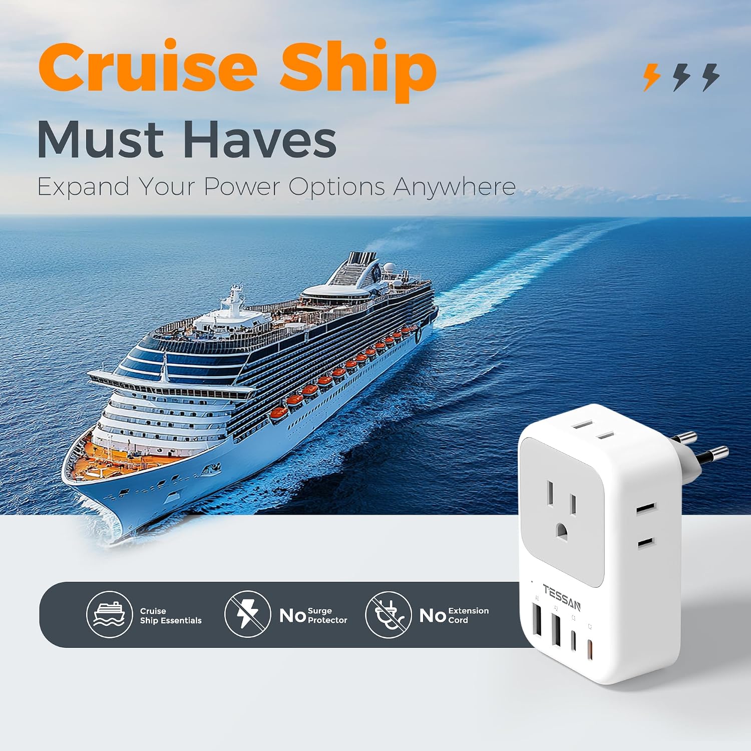 TESSAN European Travel Plug Adapter 2 Pack, PD 20W Adapter for Europe Plug | 4 AC Outlets, 4 USB (2 USB C), Type C Adaptor, US to Europe, Italy, Spain, France, Portugal, Greece, Iceland, Germany - Image 7